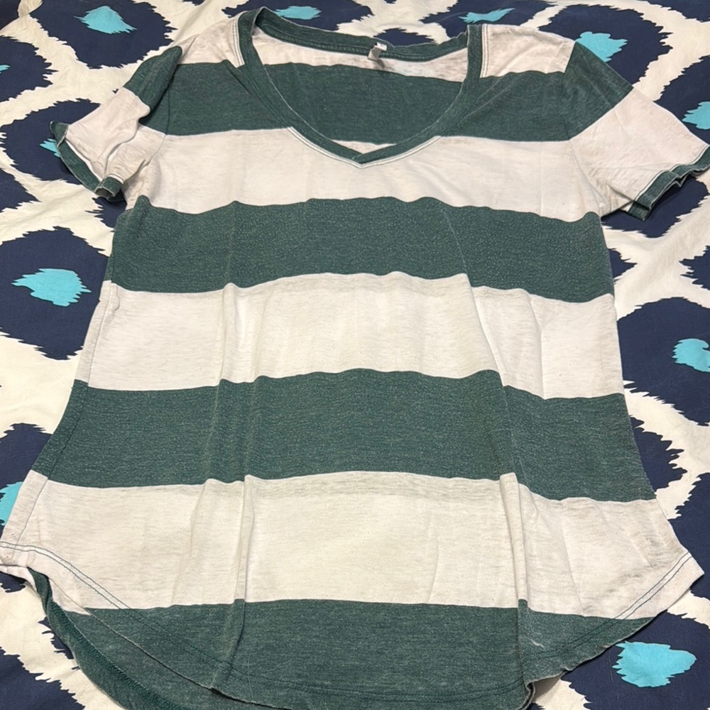 Z Supply Green & Cream Striped V-Neck Short Sleeve Tee